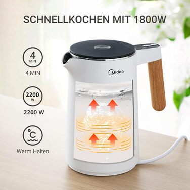 Midea 1.7L Electric Kettle - BPA Free, Rapid Boil, LED Display, 360° Swivel Base, Dry Boil Protection - MKE17M1ADS (Matte White)
