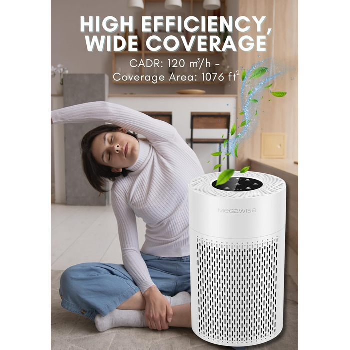 MEGAWISE Повітряний Очищувач для великих приміщень до 100 м², HEPA фільтр H13, датчик якості повітря, нічний режим