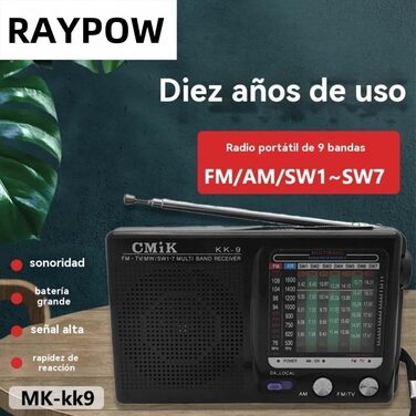 Портативне радіо Raypow 9-діапазонів FM/AM/SW1~SW7, транзисторне, з акумулятором 2 AA, компактне, потужний динамік, для дому та вулиці, чорне