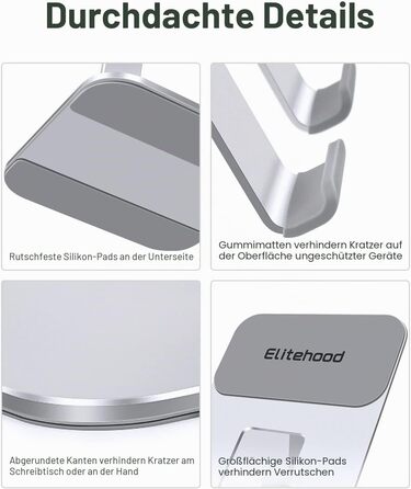 Алюмінієва підставка для iPad та планшетів Elitehood, регульована висота та кут нахилу, складана тримач-підставка для iPad Pro 12.9, Air, Mini, Samsung Galaxy Tab (4-13 дюймів), срібляста
