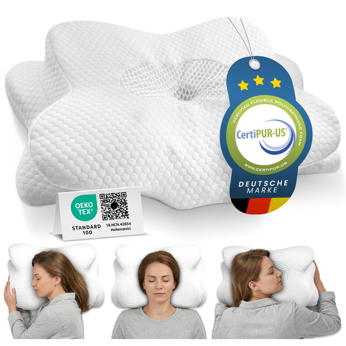 Ортопедична подушка для шиї при болях у шиї з високоякісної піни з пам'яті - Ергономічна подушка для шиї - Подушка для тих, хто спить на боці, на спині та на животі - знімний чохол, придатний для прання при 40°C (61 x 40 x 12, білий)