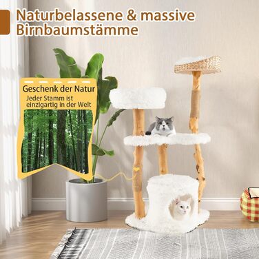 Дерев'яна кігтеточка SOARS для котів з 3 природними стовбурами, ліжком та плюшевими поверхнями, з іграшковим м'ячиком та джутовим мотузком, багатоповерхова, біла (124 см)