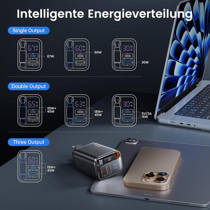 Зарядний пристрій USB-C toocki GaN 67W з LED дисплеєм та вбудованим кабелем для MacBook, iPhone 17 Pro Max, Samsung Galaxy S24 Ultra/S23, Nintendo Switch, ноутбуків та смартфонів - Чорний