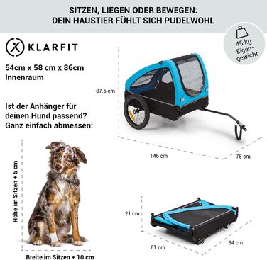 Фарм-причіп Klarfit Husky City для собак, блакитний. З підвіскою, світловідбивачами та невеликим кошиком.