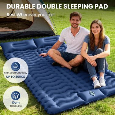 Надувний килимок для кемпінгу LAMA Doppel 200x140x10 см для двох осіб з помпою та подушкою, блакитний