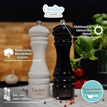 Набір дерев'яних млинів для солі та перцю Creative Home, білий і чорний, 18 см, ручний механізм, з міні-совочком – ідеально для кухні