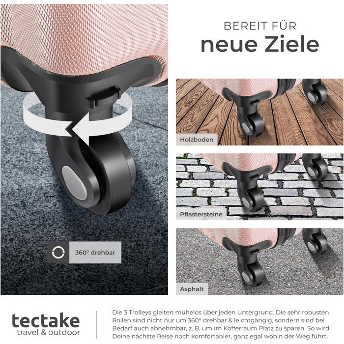 Набір валіз Tectake 4 шт. з відстібними колесами 360°, валізи з жорсткою оболонкою та TSA замком, велика валіза з роздільником, ручна валіза, телескопічна ручка - шампань (рожеве золото)