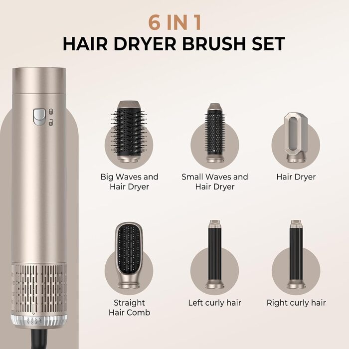 Airstyler Rundbürstenföhn 6 в 1: Набір для укладки волосся, фен-щітка, плойка, 1000W, 3 температурні режими, жовтий