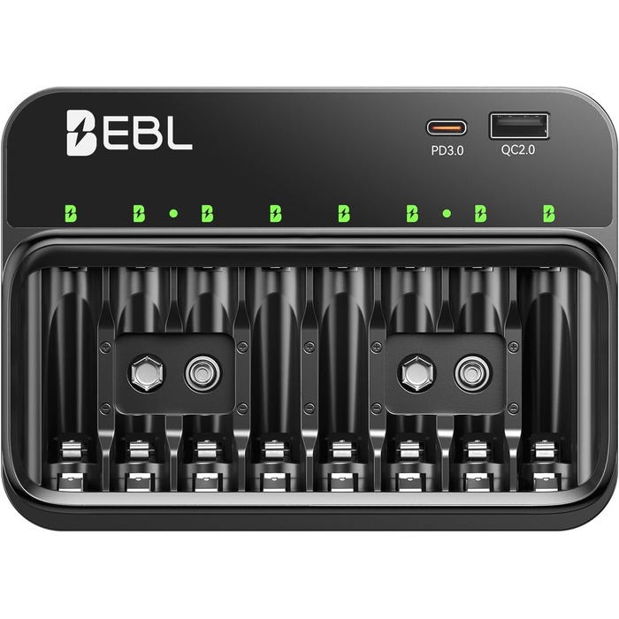 Зарядний пристрій EBL для акумуляторів AA, AAA, 9V, сумісний з NI-MH, USB-C PD3.0 та Micro USB, швидка зарядка