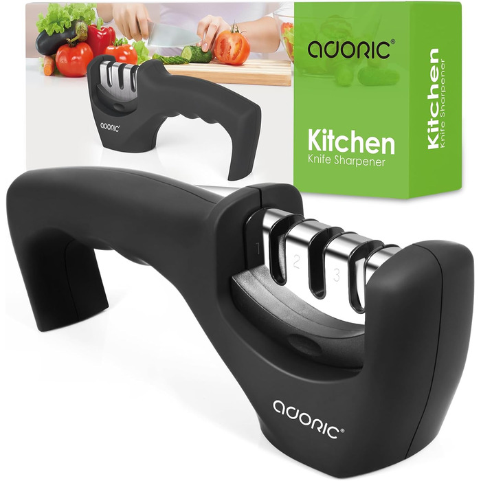Точилка для ножів Adoric з 3 ступенями, вольфрамовий сталь, діамант, кераміка, чорна