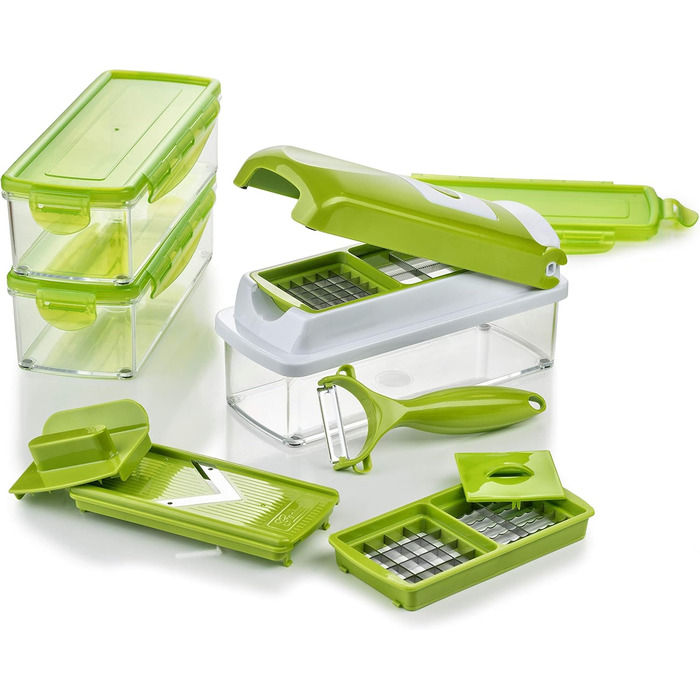 Genius Nicer Dicer Smart - набір для нарізки овочів та фруктів, 13 частин | Овочевий, цибулевий, фрутовий нарізник | Нарізання, кубики, соломка, стружка, чистка, зберігання | Мандоліна, мультиінструмент | Новий, 22.2 x 10 x 8.2 см, кольору ківі