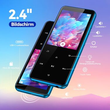 MP3-плеєр AGPTEK 64GB Bluetooth 5.3 з TFT екраном, FM-радіо, підтримкою до 128GB, функцією запису та E-Book (синій)