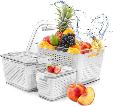 Freshness Food Storage Containers Set Refrigerator Organizer Reusable Storage Containers 3-Piece Set (0.5L+1.7L+4.5L) Plastic Refrigerator Organizer Set with Lid and Strainer (White, 3-Piece Set)