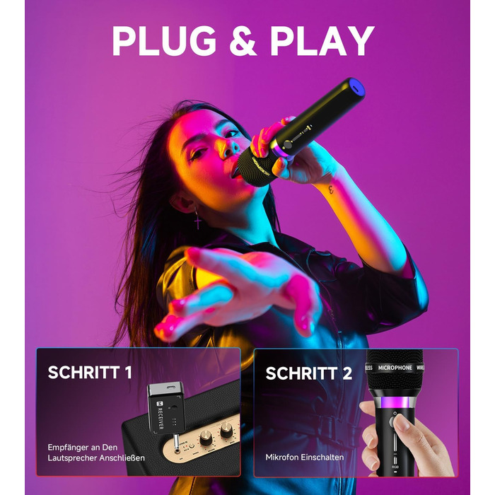 Бездротовий мікрофон з LED-підсвіткою, подвійний, акумуляторний, караоке, чорний