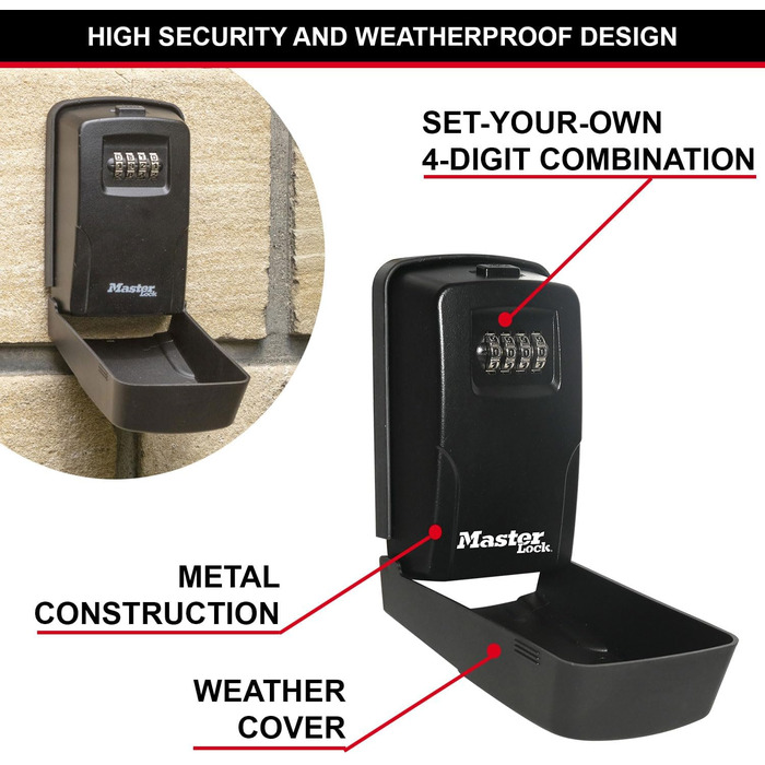 Master Lock Wall Mounted Key Safe - Outdoor Key Lock Box - 11.9 x 8.5 x 3.6 cm
