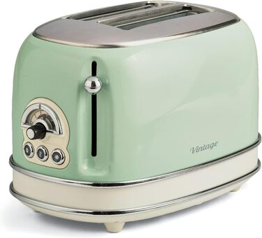 Тостер Ariete Vintage 155, 2-слайсовий, ретро, 6 режимів, автоматичний викид, розморожування, зйомний піддон, нержавіюча сталь, щипці для сендвічів, 810 Вт, зелений