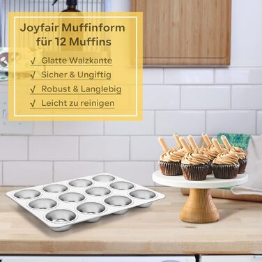 Joyfair Muffin Tin, Stainless Steel Muffin Pan for 12 Muffins, Muffin Baking Pans 35 x 27cm, Muffin Baking Pan for Cupcakes, Brownies, Pudding, Cake, Non-Toxic & Healthy, Oven & Dishwasher Safe