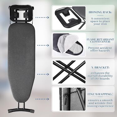 BBTEQEKN Height-Adjustable Deluxe Ironing Board, size 140 x 38 cm, foldable extra-wide ironing board with hook, ironing board made of thick steel suitable for most steam irons (Black)