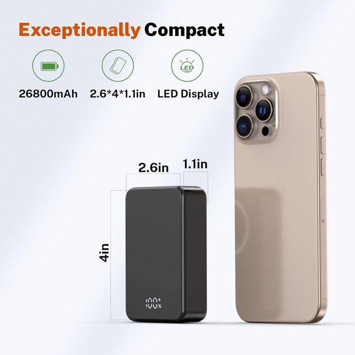 Магнітний портативний Power Bank 26800mAh з USB-C, для iPhone 16/15/4/13/12 та Android, сірий/чорний