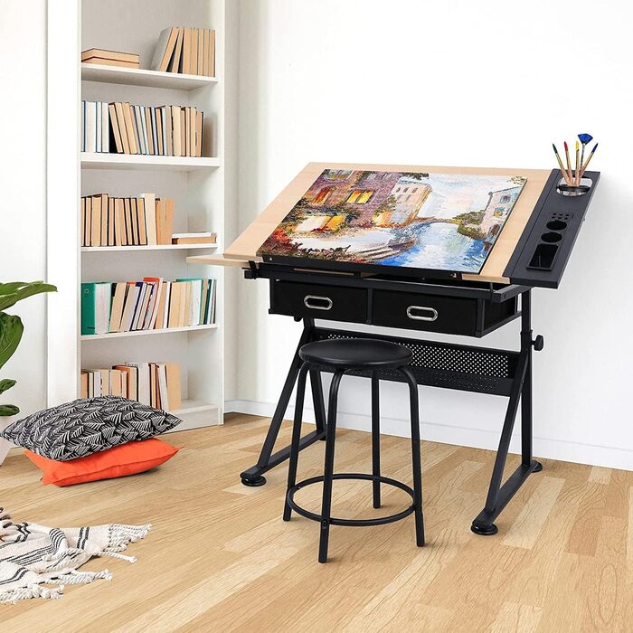 Folding Art Table with Stool and Drawers - Natural Wood Finish