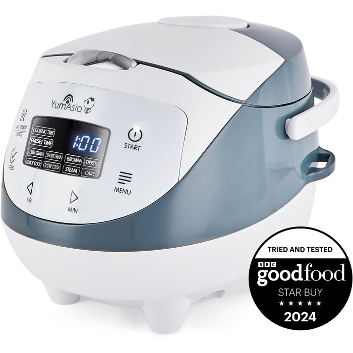 Yum Asia Panda Mini Rice Cooker with Ninja Ceramic Bowl and Advanced Fuzzy Logic (3.5 Cups, 0.63 Liters) 4 Rice Functions, 4 Multicooker Functions, 220–240V White / Grey