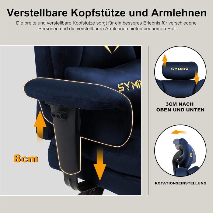 Ігровий крісло Symino, ергономічний офісний крісло з підніжкою, штучна замша, 130 кг, темно-синій