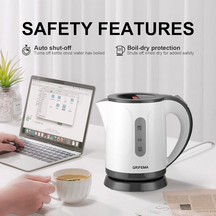 Електричний чайник GRIFEMA 0.8L, 1100W з фільтром від накипу, без BPA, автоматичне вимкнення, захист від перегріву, білий пластик