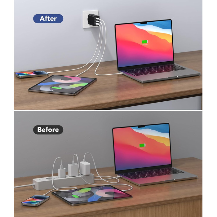 Зарядний пристрій USB-C 65W з 3 портами, чорний. Швидка зарядка для MacBook, iPhone, Switch, Galaxy, Tablet, Laptop