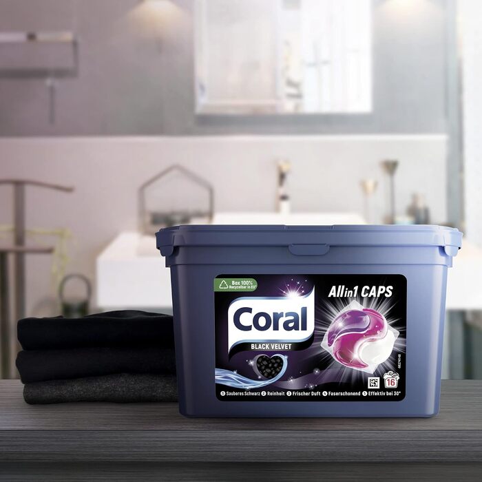 Капсули для прання темної білизни Coral Allin1 Black Velvet, тривалий аромат, 64 шт (4х16), 1356 г