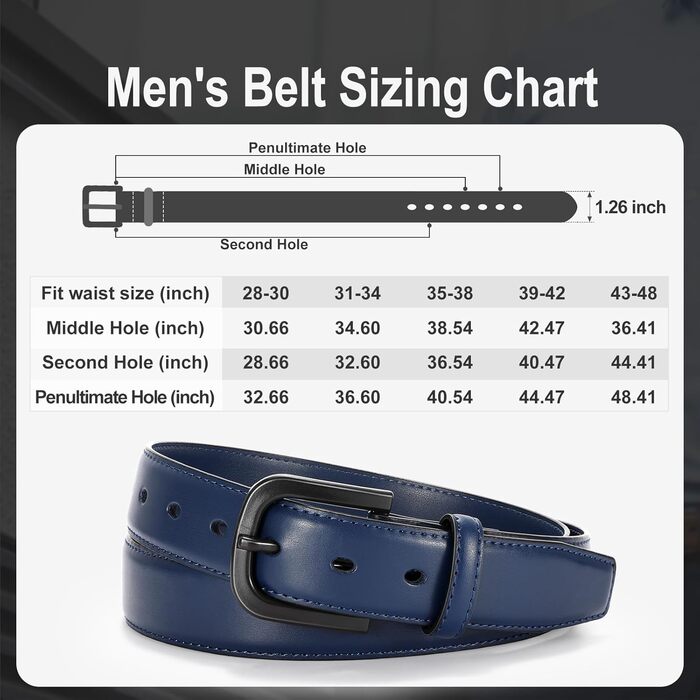 Чоловічий шкіряний ремінь VONMELLI без металу, TSA-сертифікований, синій, розмір пояса 48-52