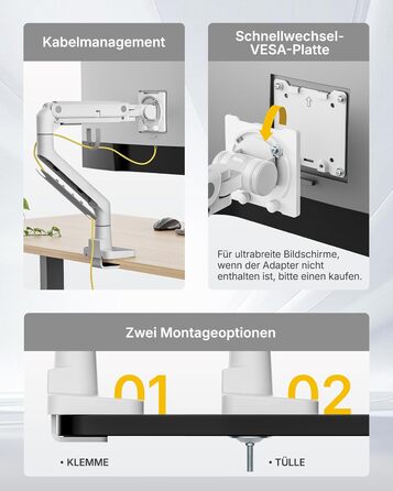 Кронштейн для монітора monTEK з газліфтом для екранів 17-57 дюймів, посилений тримач до 27 кг, VESA 75/100 мм, з USB-портами, білий