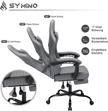 Ігрове крісло Symino Racing, ергономічне, з підставкою для ніг, лумбальною підтримкою, регульованими підлокітниками, чорне, вінтажна екошкіра, до 200 кг