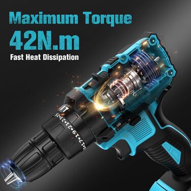 Акумуляторний шуруповерт BETENST 21V з 2 акумуляторами 2.0Ah, 42Nm, 25+3 ступені крутного моменту, 2 швидкості, LED-ліхтар, 30-ти елементний набір для дому та саду, DIY проєкти, блакитний