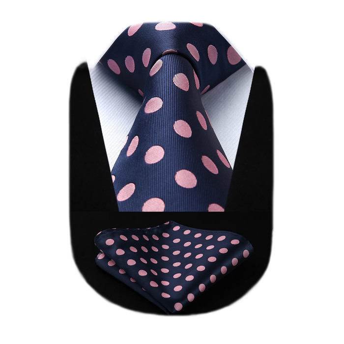 HISDERN Набір краватки та нагрудного хустинки в горошок, XL, 63 дюйми, Рожевий/Темно-синій
