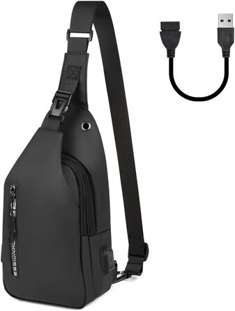 Чоловіча нагрудна сумка-слінг Brusttasche з USB-портом для зарядки, водонепроникна, чорна (#3 B)