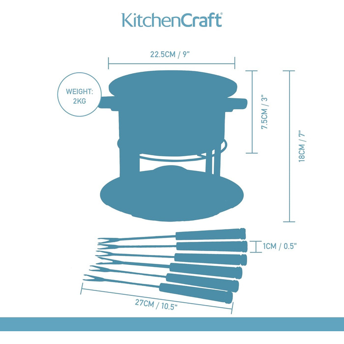 Набір для фондю KitchenCraft 3-в-1 з кольоровими виделками, для шоколадного, м’ясного та сирного фондю, сріблястий