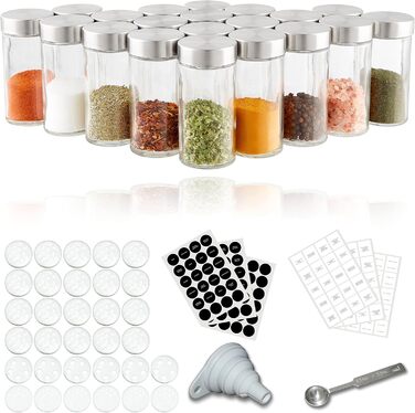 Kesign 20-Piece Spice Jar Set - with high-quality stainless steel lids - round spice containers incl. labels, shaker insert, funnel, and stainless steel spoon for spices - Perfect storage for the kitchen