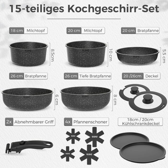 Набір кухонного посуду YASHE 15 предметів: каструлі та сковорідки з гранітно-посудовій поверхні, знімні ручки, складаний, легко миється, сумісний з індукцією, газом та склокерамікою, білий (сірий)