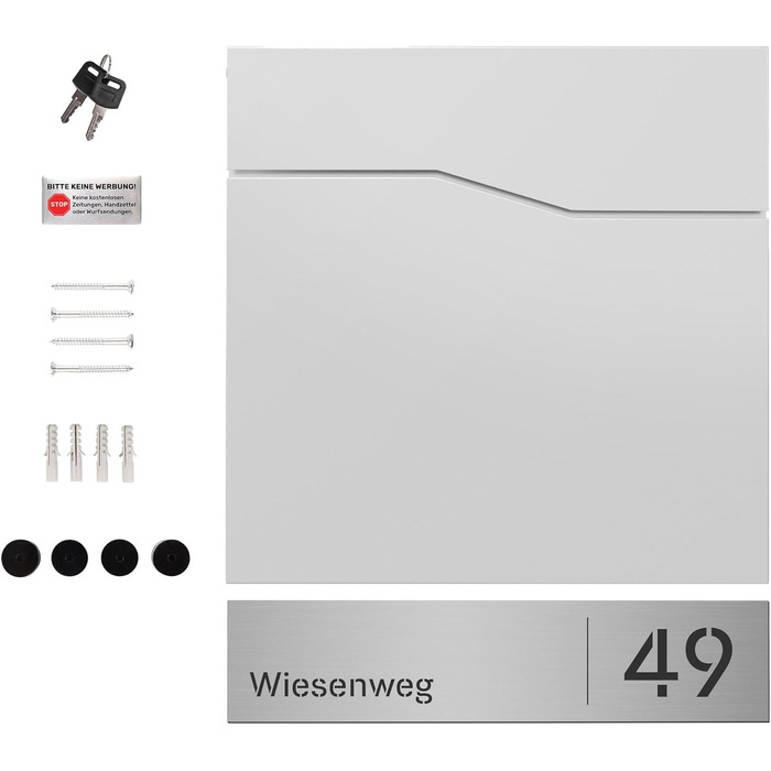 Поштова скринька біла з газетницею TRELLEBORG (RAL 9016), персоналізована - з іменем, вулицею та номером будинку, з комплектом для монтажу. Металева, сучасна.
