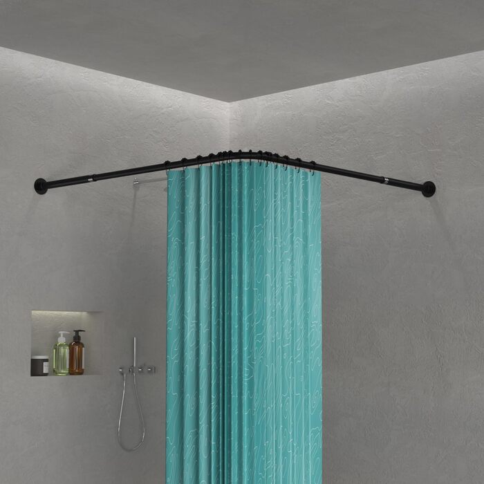 Штанга для душу L-подібної форми, розсувна, 62–94 x 141–174 см, з 16 кільцями, для ванни/душу, чорний нержавіючий сталь