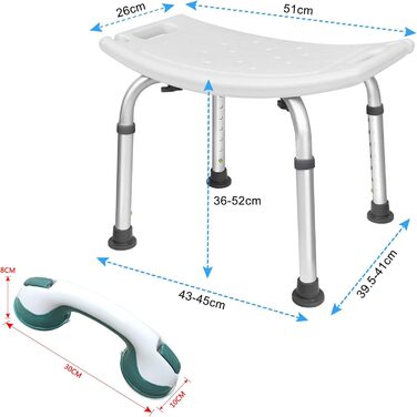 Обертальний душовий стілець Froadp 360°, регульований по висоті 36-51 см, алюмінієвий, протиковзкий, для ванної, з ручками, для літніх людей і вагітних