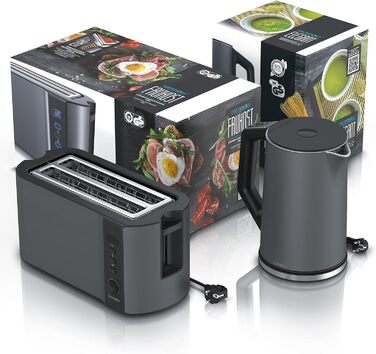 Електричний чайник та тостер Arendo SET з нержавіючої сталі Cool Grey, 1.5л, 40-100°C, підігрів, тостер на 4 тости, LED-дисплей, 6 рівнів підсмажування, підставка для булочок
