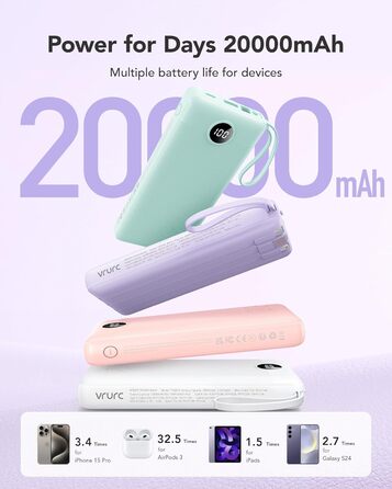 Power Bank VRURC 20000mAh з LED дисплеєм, 22,5W швидка зарядка USB-C, білий/фіолетовий