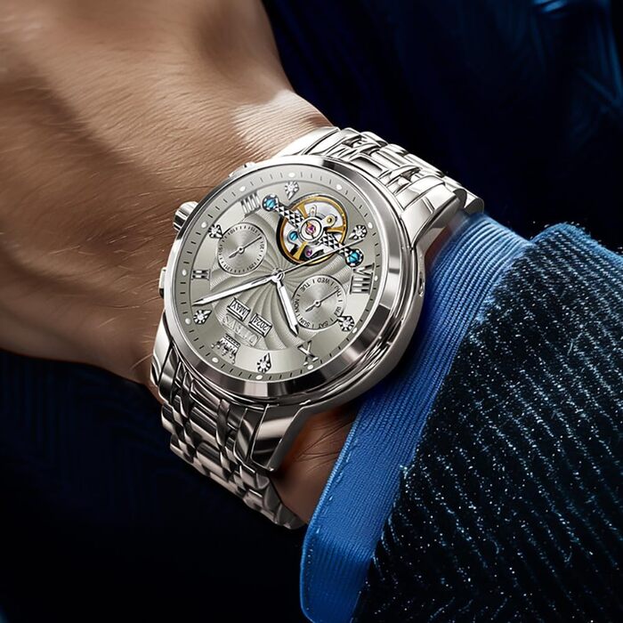Чоловічий механічний годинник OLEVS 7088 з автопідзаводом, турбійоном та календарем, водонепроникний, сріблясто-сірий