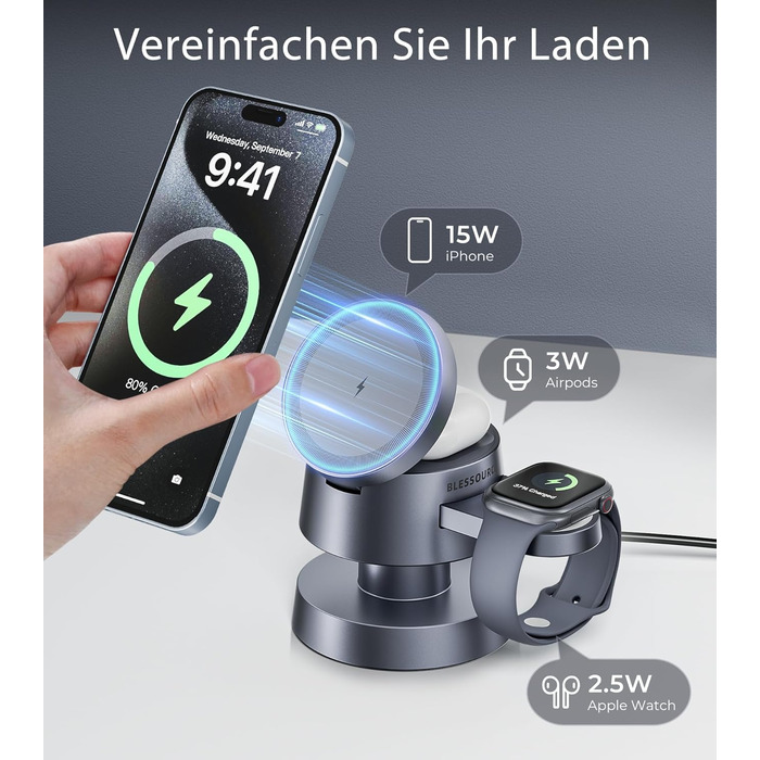 База для зарядки 4-в-1 для iPhone 17/16/15/14 Pro Max, бездротовий зарядний стан з нічним світлом, сумісний з Apple Watch та AirPods (сірий, 20W)