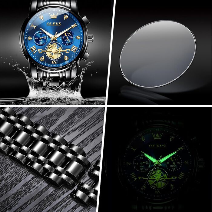 Годинник чоловічий OLEVS з металевим браслетом, кварцовий, з місячною фазою, хронограф, водостійкий, з нержавіючої сталі (2856 Blue / Black)