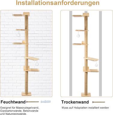 Кігтеточка-стійка для котів 206 см з натурального каучукового дерева, 5 ярусів, настінна, з широкою основою, плюшевими кульками, 360° обертання, XXL кігтеточка для котів для лазіння та дряпання