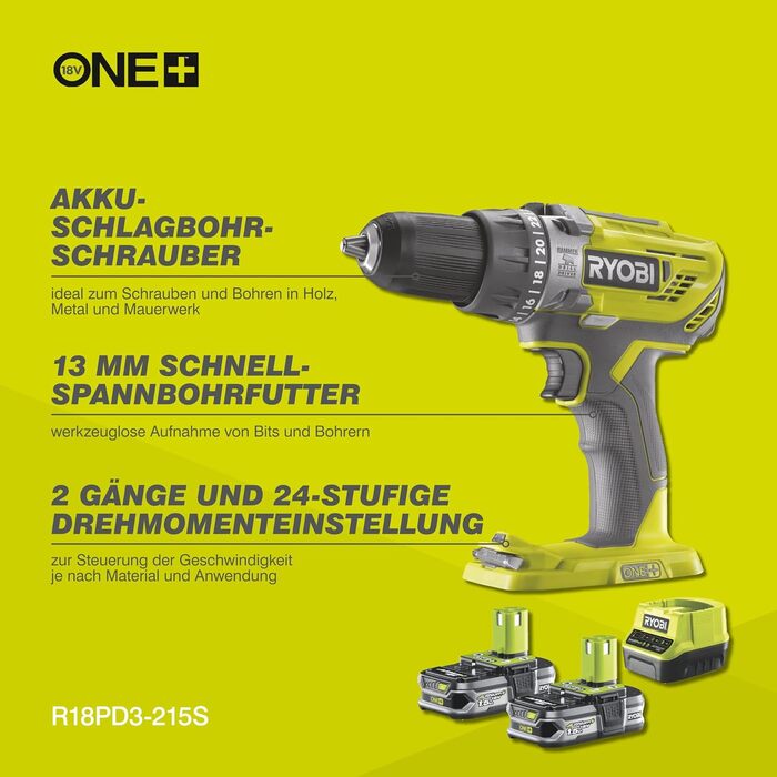 RYOBI 18V ONE+ акумуляторний дриль-шуруповерт R18DD3-0 (50Nm, 2 швидкості, патрон 13 мм, LED-підсвічування, без акумулятора та зарядного пристрою)