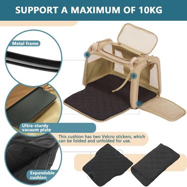 Транспортна переноска для котів та собак Petsfit, складана сумка-переноска, 50L x 33B x 33H см, з м'яким розкладним килимком та регульованим плечовим ременем, Khaki