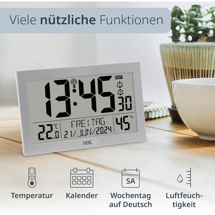 Digital Radio Clock with Large XL Display | Calendar | with Temperature Display & Hygrometer | Wall Clock | Radio Alarm Clock with 2 Alarm Times and Snooze Function | Silver